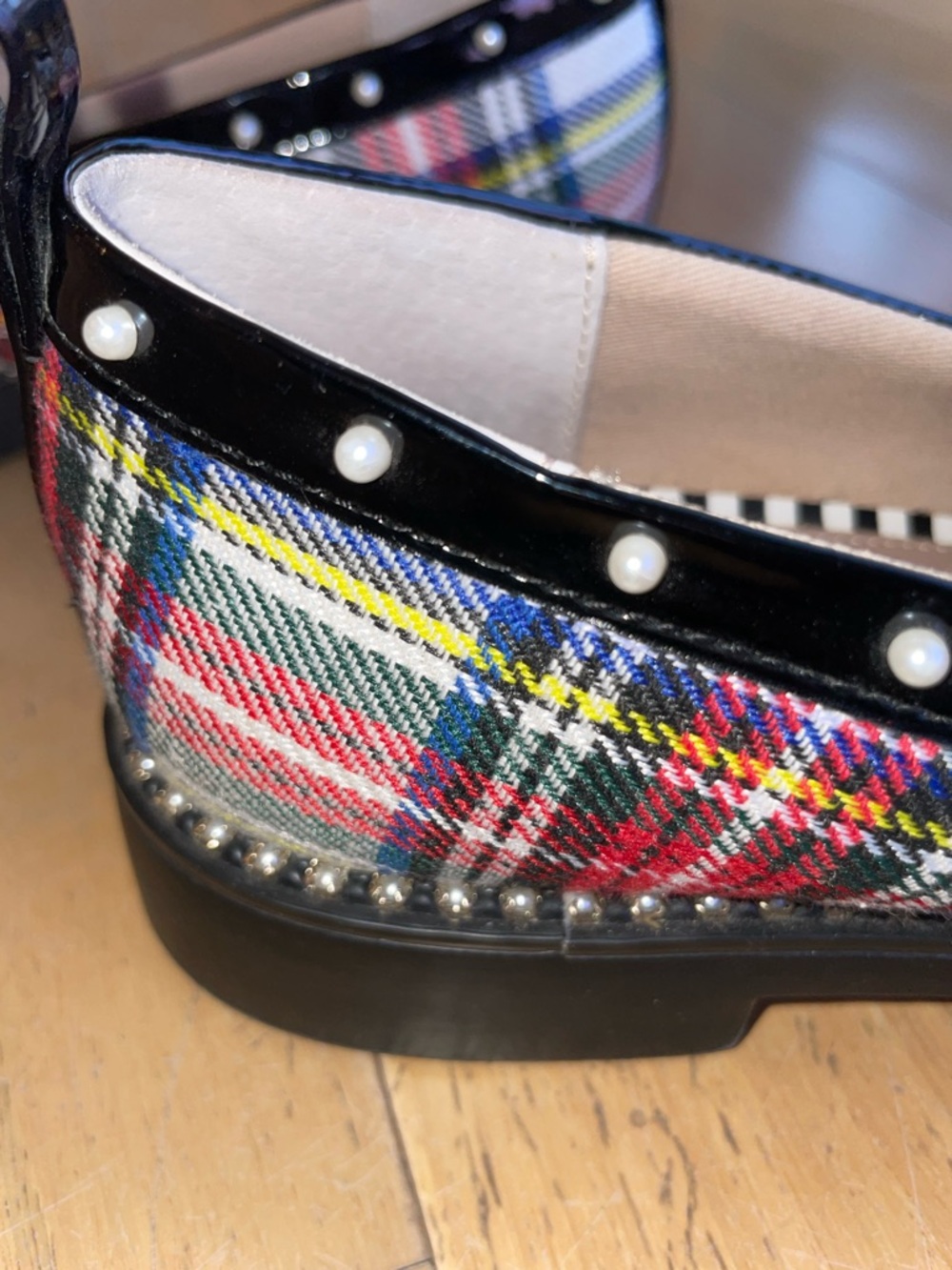 Betsey Johnson 7.5 Multicolor Plaid Bead &  Pearl Loafers Preppy Punk Bling CUTE - Picture 9 of 10